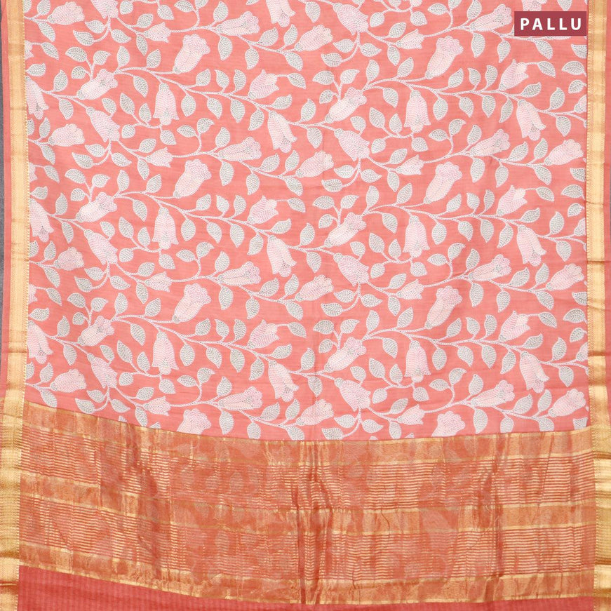 Malai silk saree peach shade with allover prints and zari woven border