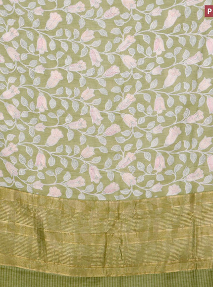 Malai silk saree pastel green with allover prints and zari woven border