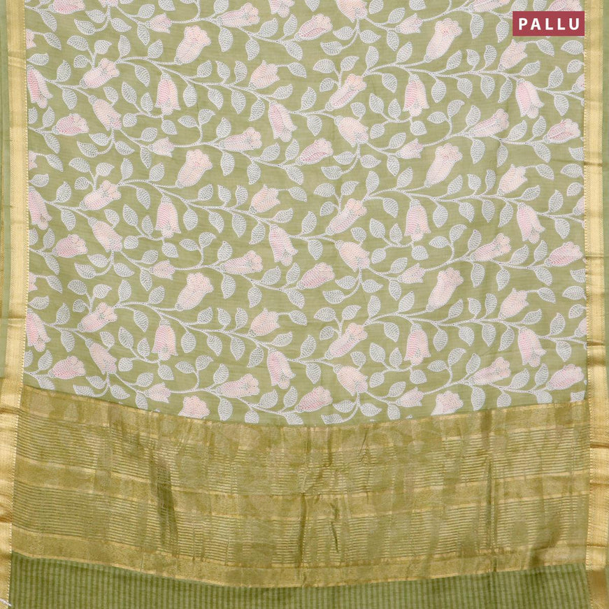 Malai silk saree pastel green with allover prints and zari woven border