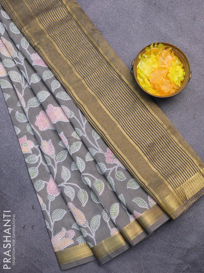 Malai silk saree grey with allover prints and zari woven border