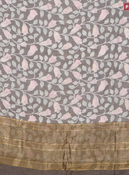 Malai silk saree grey with allover prints and zari woven border