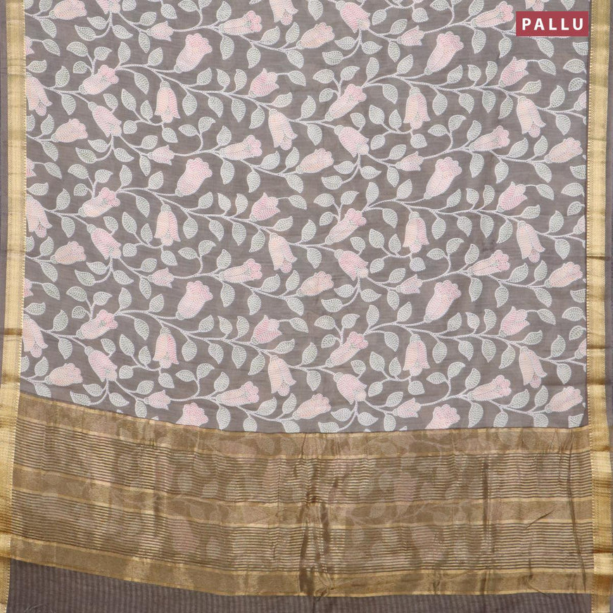 Malai silk saree grey with allover prints and zari woven border