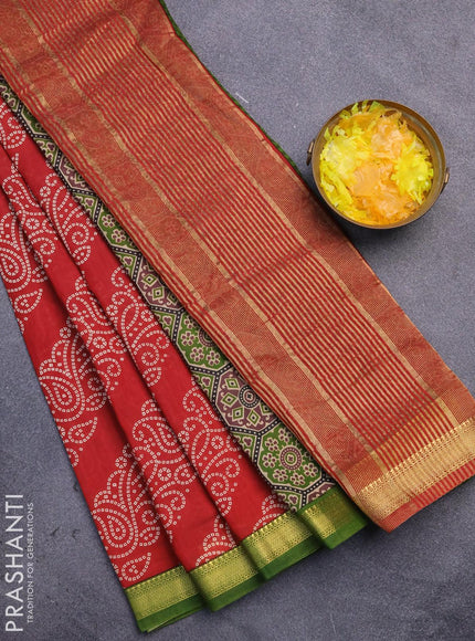 Malai silk saree red and green with allover bandhani prints and zari woven border