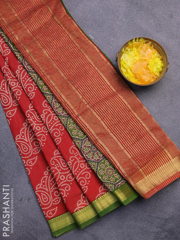 Malai silk saree red and green with allover bandhani prints and zari woven border