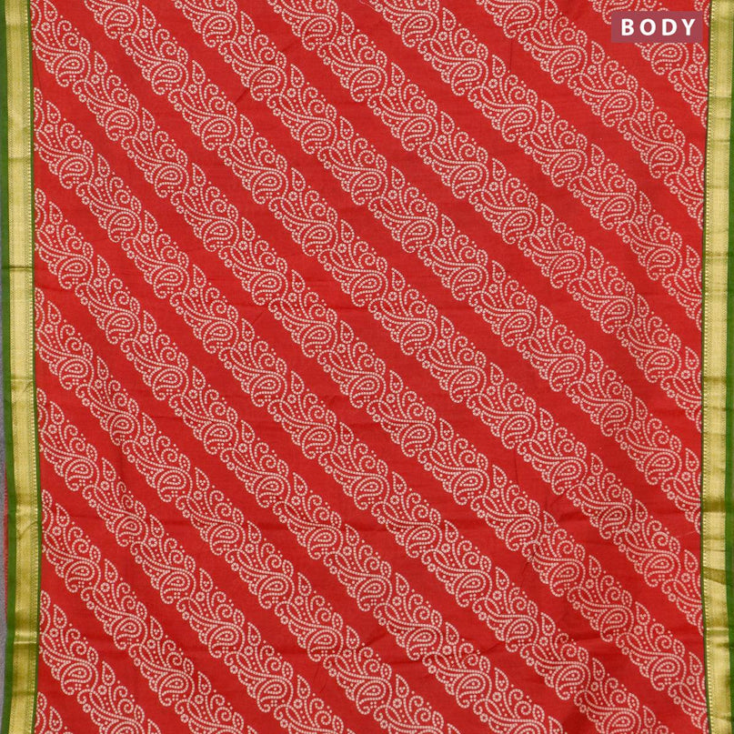 Malai silk saree red and green with allover bandhani prints and zari woven border