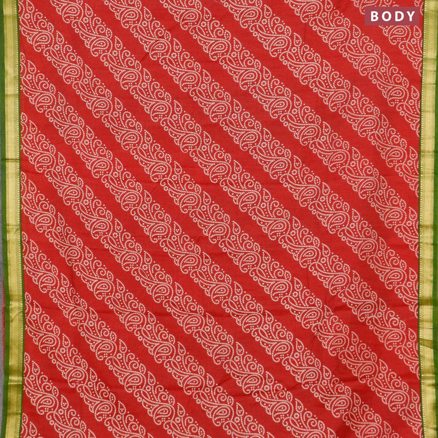 Malai silk saree red and green with allover bandhani prints and zari woven border