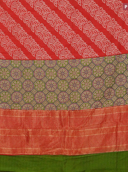 Malai silk saree red and green with allover bandhani prints and zari woven border