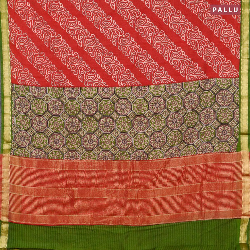 Malai silk saree red and green with allover bandhani prints and zari woven border