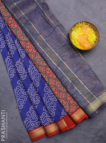 Malai silk saree blue and red with allover bandhani prints and zari woven border