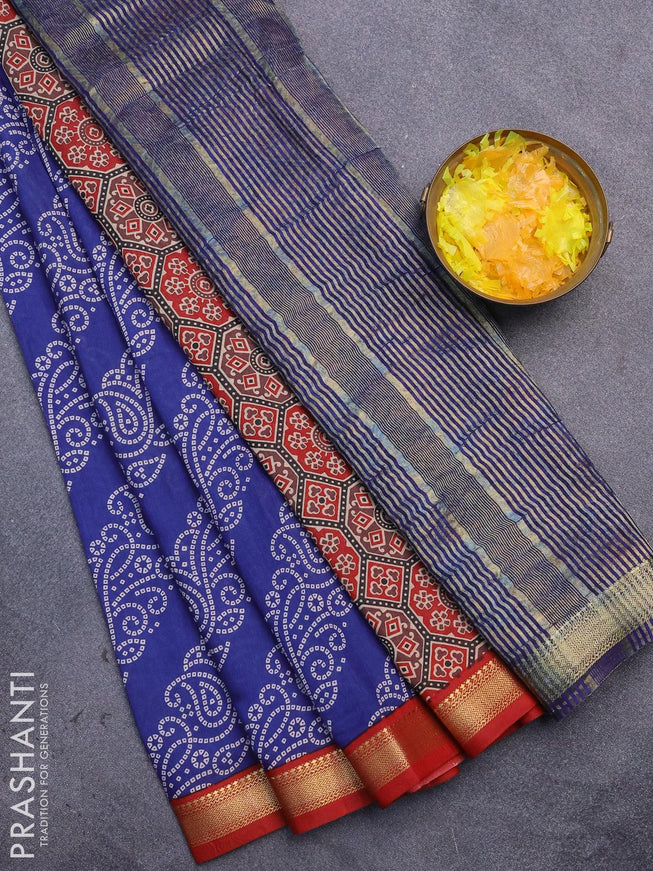 Malai silk saree blue and red with allover bandhani prints and zari woven border