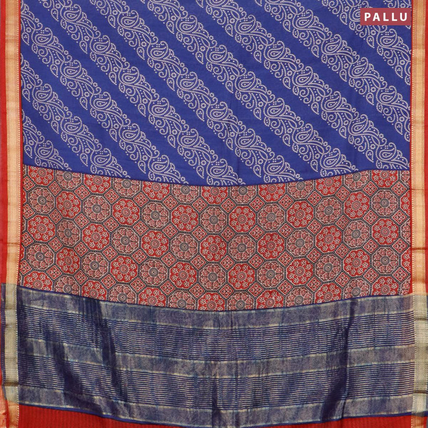 Malai silk saree blue and red with allover bandhani prints and zari woven border