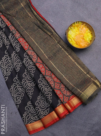 Malai silk saree black and red with allover bandhani prints and zari woven border