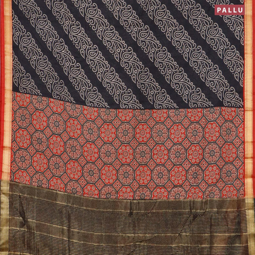 Malai silk saree black and red with allover bandhani prints and zari woven border