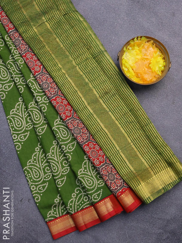 Malai silk saree green and red with allover bandhani prints and zari woven border