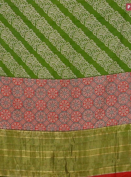 Malai silk saree green and red with allover bandhani prints and zari woven border