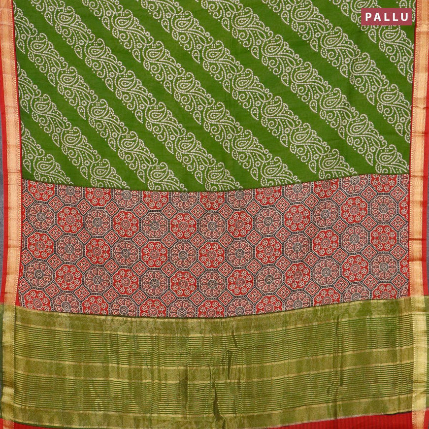 Malai silk saree green and red with allover bandhani prints and zari woven border