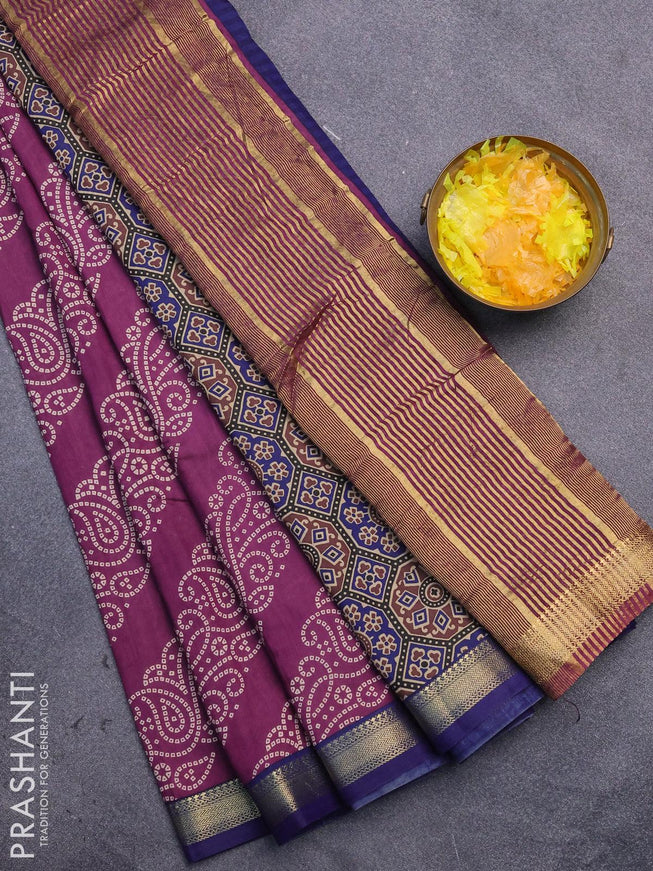 Malai silk saree purple and navy blue with allover bandhani prints and zari woven border