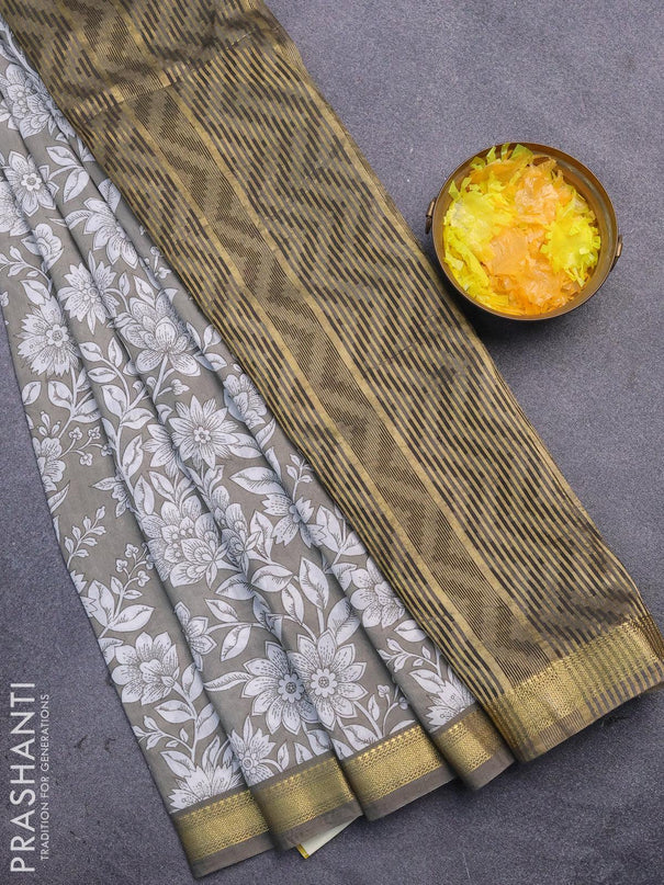 Malai silk saree grey and off white with allover floral prints and zari woven border