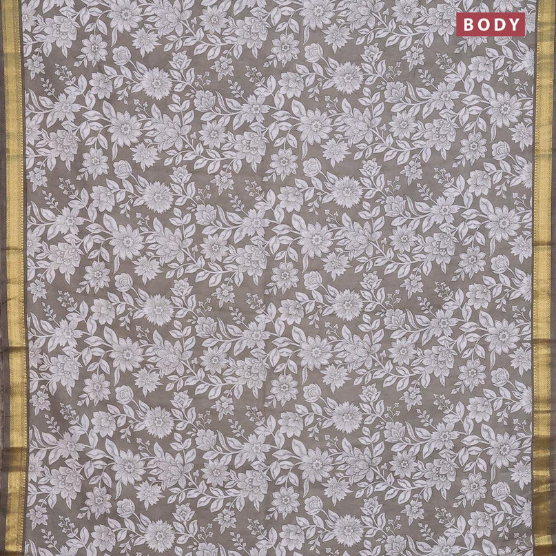 Malai silk saree grey and off white with allover floral prints and zari woven border