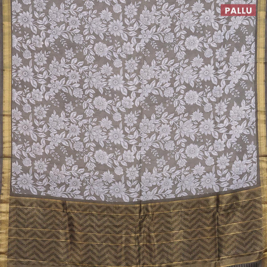 Malai silk saree grey and off white with allover floral prints and zari woven border