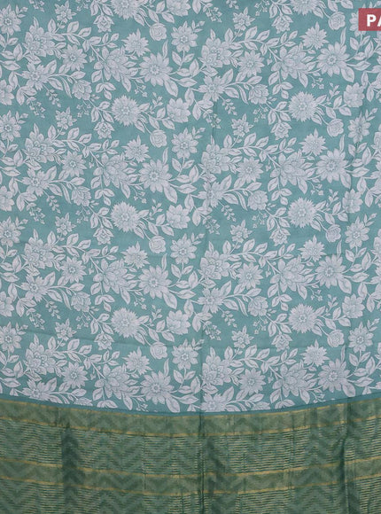 Malai silk saree teal green and off white with allover floral prints and zari woven border