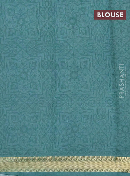 Malai silk saree teal green and off white with allover floral prints and zari woven border