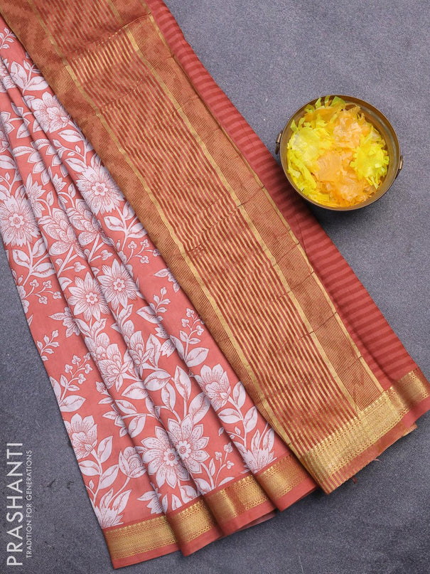 Malai silk saree peach orange and off white with allover floral prints and zari woven border