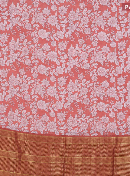 Malai silk saree peach orange and off white with allover floral prints and zari woven border