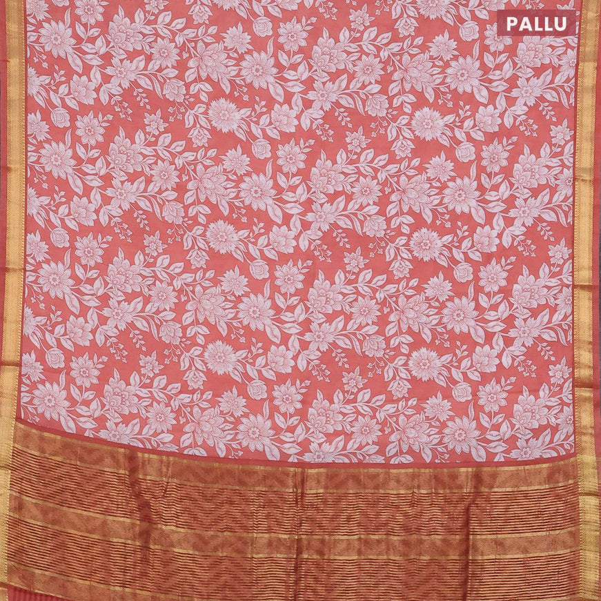 Malai silk saree peach orange and off white with allover floral prints and zari woven border