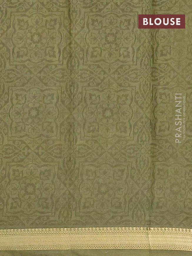 Malai silk saree elaichi green and off white with allover floral prints and zari woven border