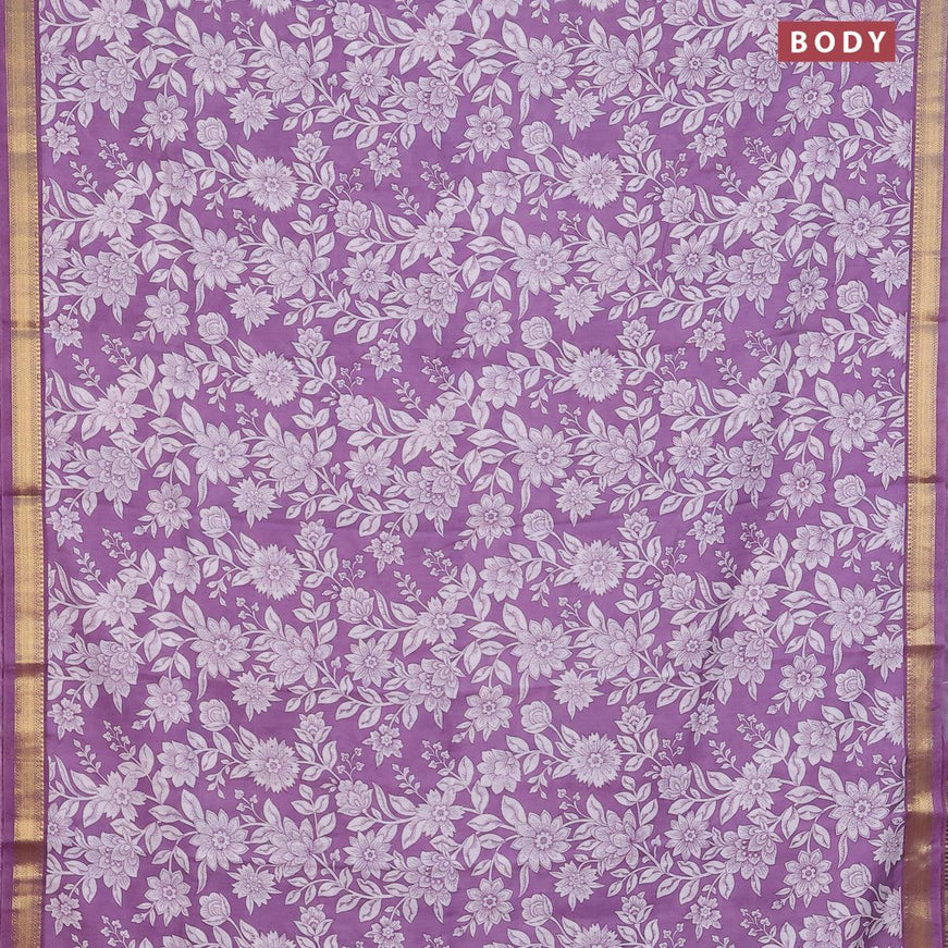 Malai silk saree pastel lavender and off white with allover floral prints and zari woven border