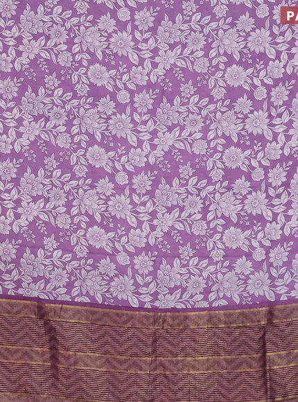 Malai silk saree pastel lavender and off white with allover floral prints and zari woven border