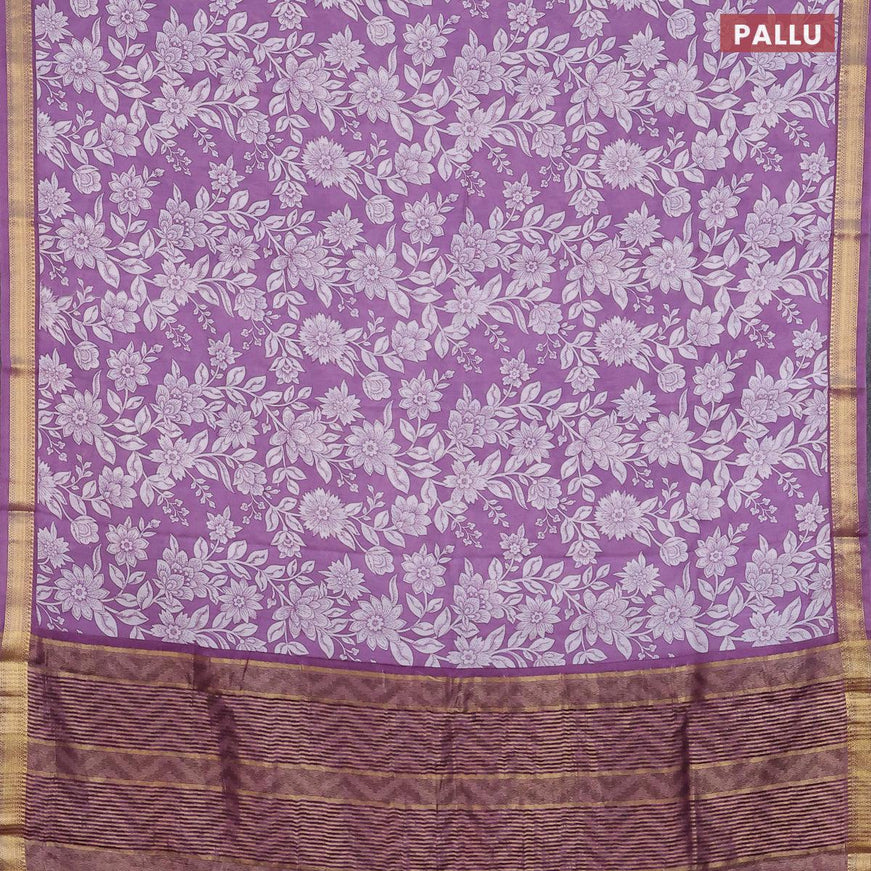 Malai silk saree pastel lavender and off white with allover floral prints and zari woven border