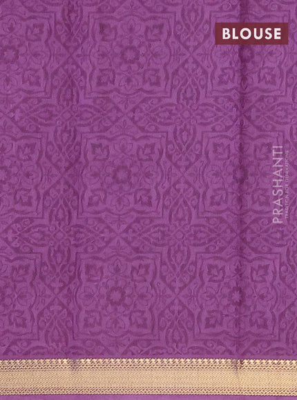 Malai silk saree pastel lavender and off white with allover floral prints and zari woven border