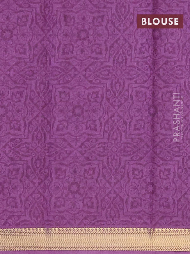 Malai silk saree pastel lavender and off white with allover floral prints and zari woven border