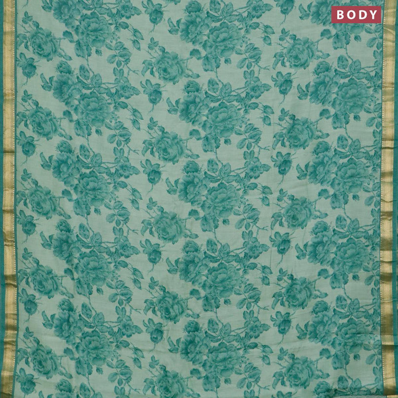 Malai silk saree pastel green and green shade with allover floral prints and zari woven border