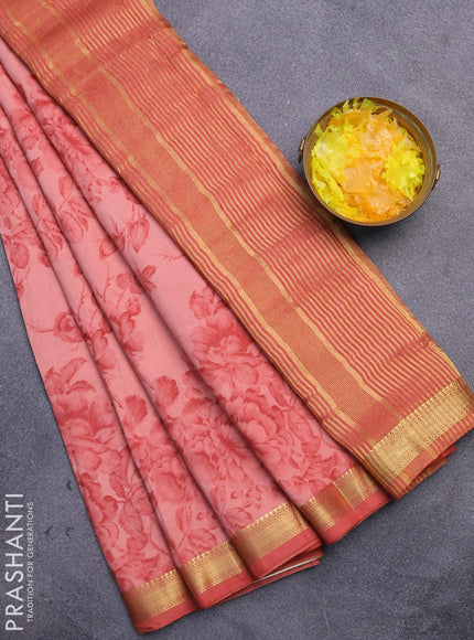 Malai silk saree peach orange with allover floral prints and zari woven border