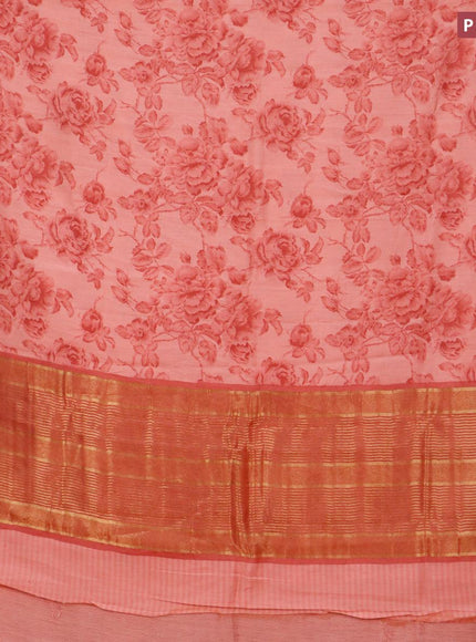 Malai silk saree peach orange with allover floral prints and zari woven border