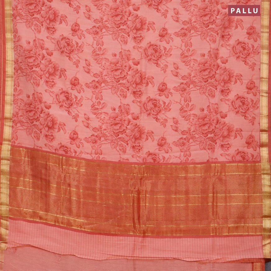 Malai silk saree peach orange with allover floral prints and zari woven border