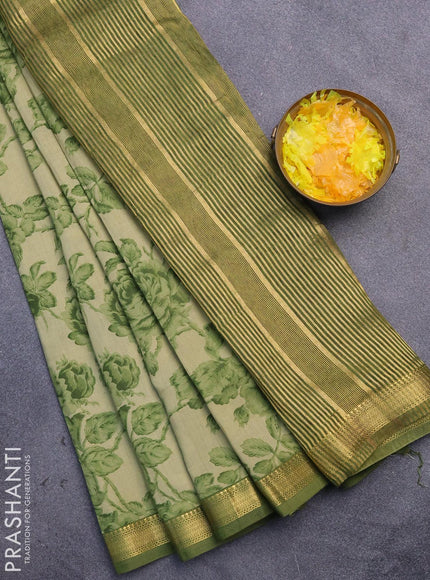 Malai silk saree elaichi green and green with allover floral prints and zari woven border