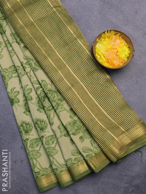 Malai silk saree elaichi green and green with allover floral prints and zari woven border