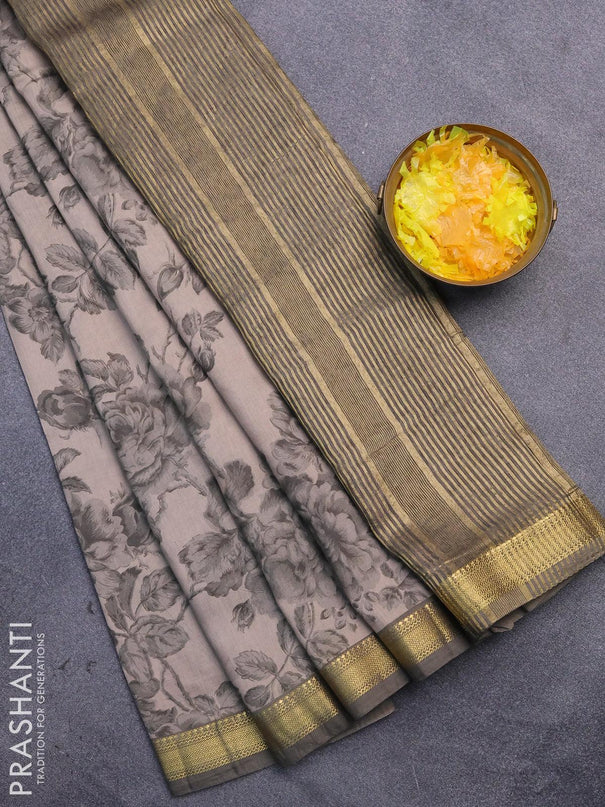 Malai silk saree grey shade and grey with allover floral prints and zari woven border