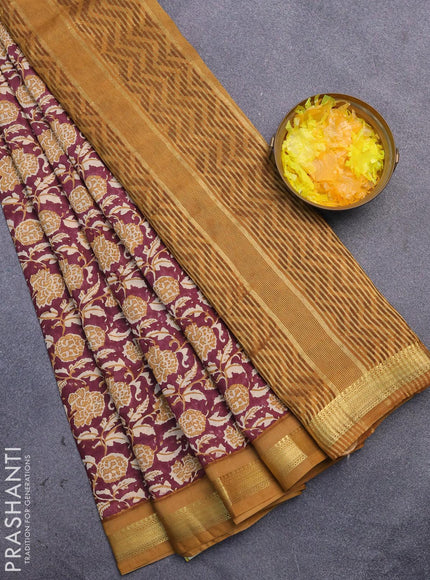 Malai silk saree maroon and mustard yellow with allover prints and zari woven border