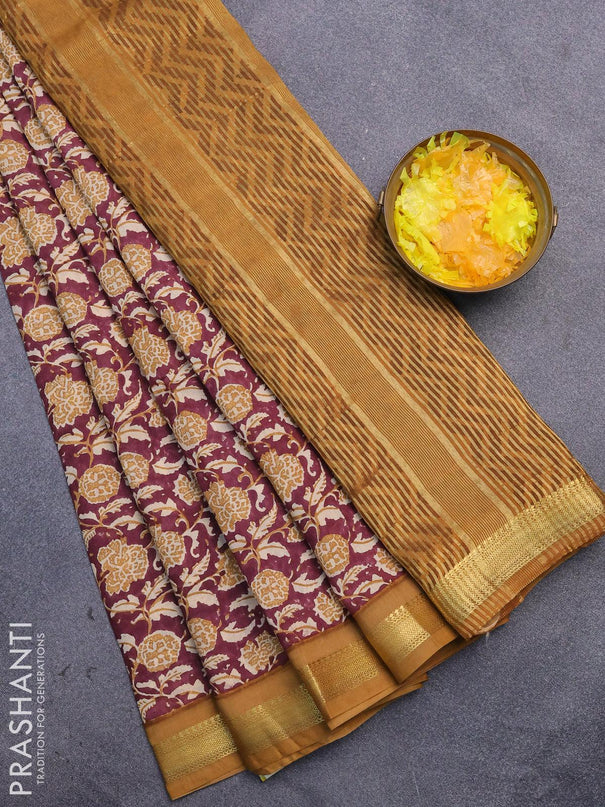 Malai silk saree maroon and mustard yellow with allover prints and zari woven border