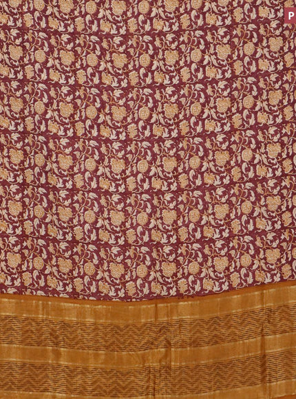 Malai silk saree maroon and mustard yellow with allover prints and zari woven border