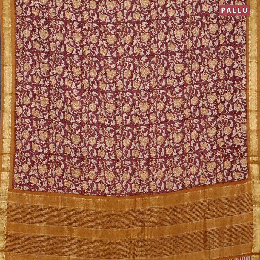 Malai silk saree maroon and mustard yellow with allover prints and zari woven border