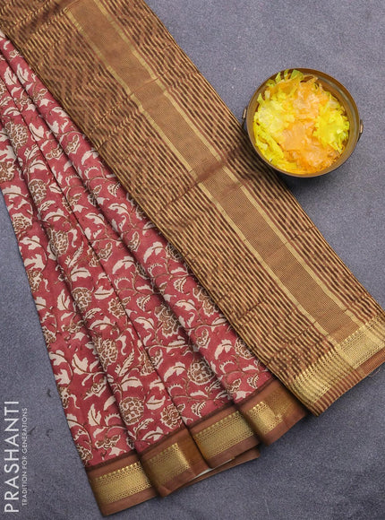 Malai silk saree pastel maroon and brown with allover prints and zari woven border