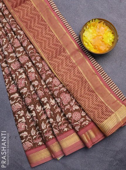 Malai silk saree brown and pastel peach with allover prints and zari woven border