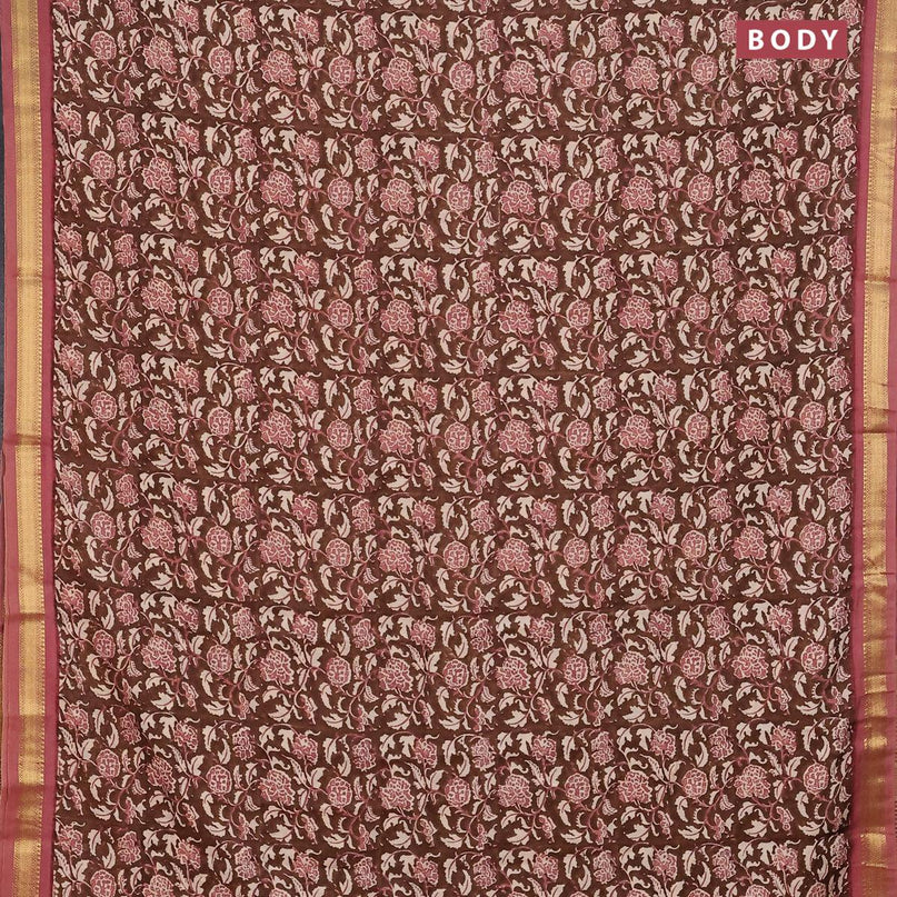 Malai silk saree brown and pastel peach with allover prints and zari woven border