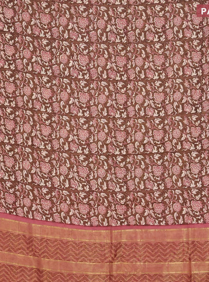 Malai silk saree brown and pastel peach with allover prints and zari woven border